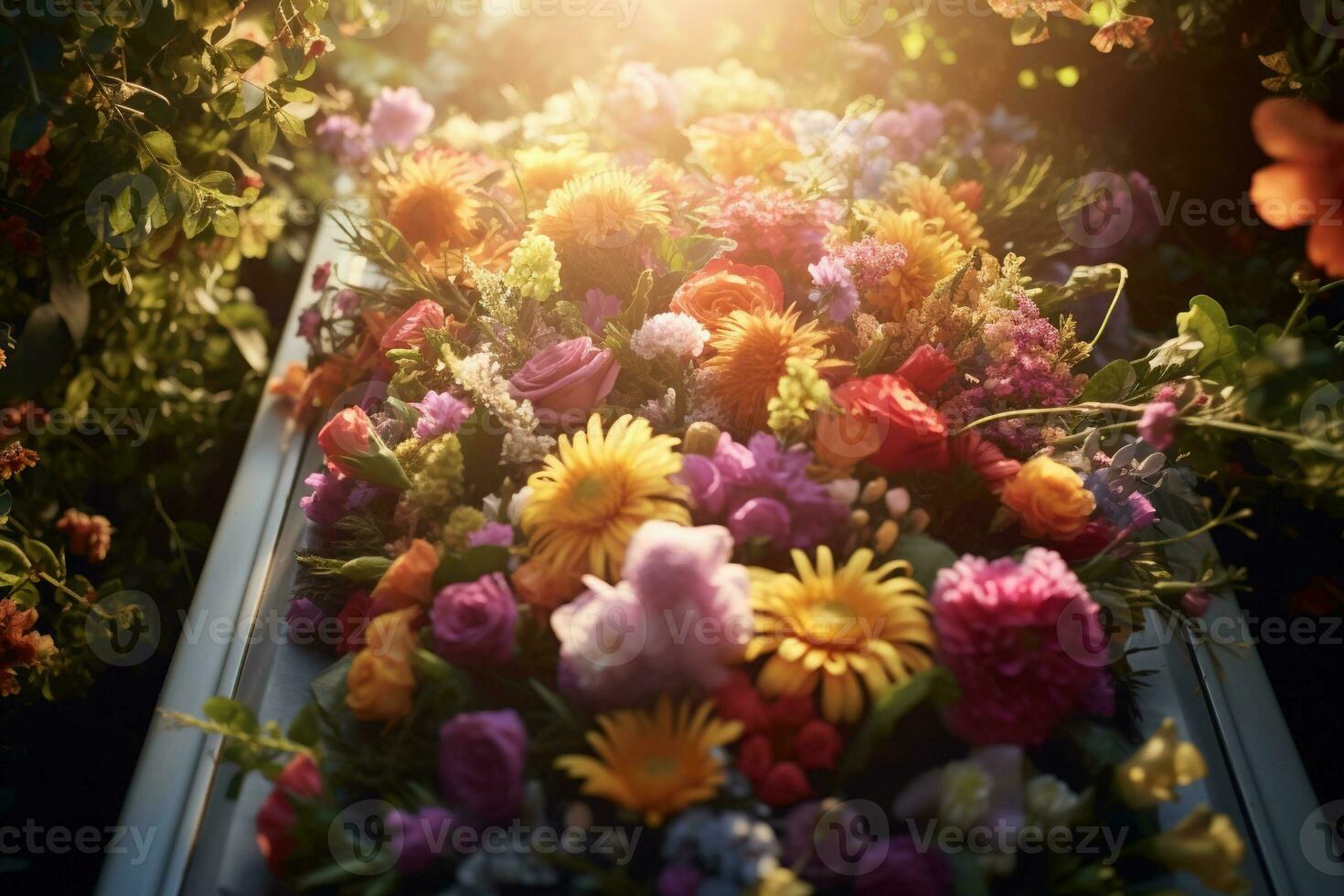 Colorful flowers on the grave in the cemetery, funeral concept. AI generated photo