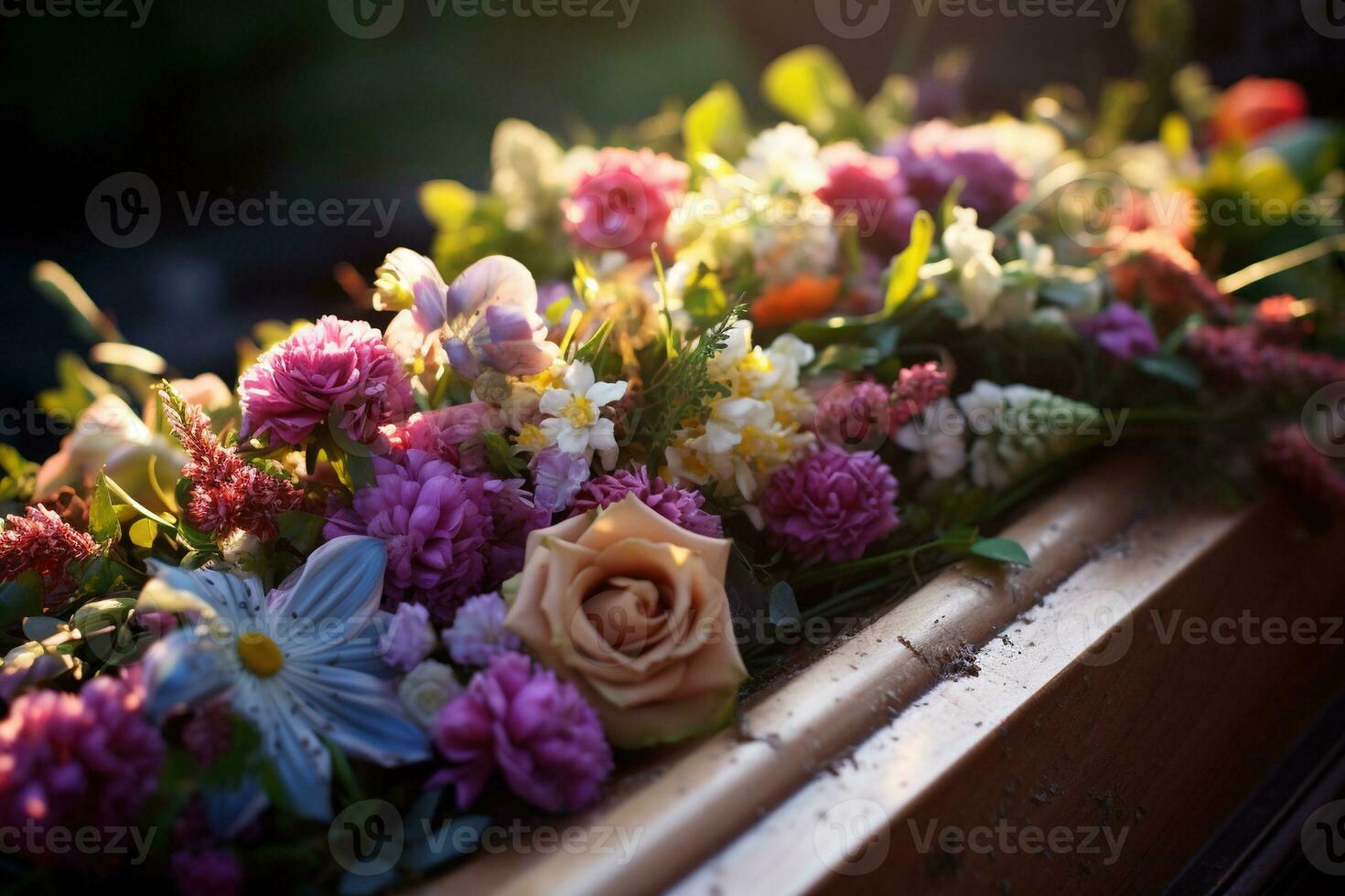 Colorful flowers on the grave in the cemetery, funeral concept. AI generated photo