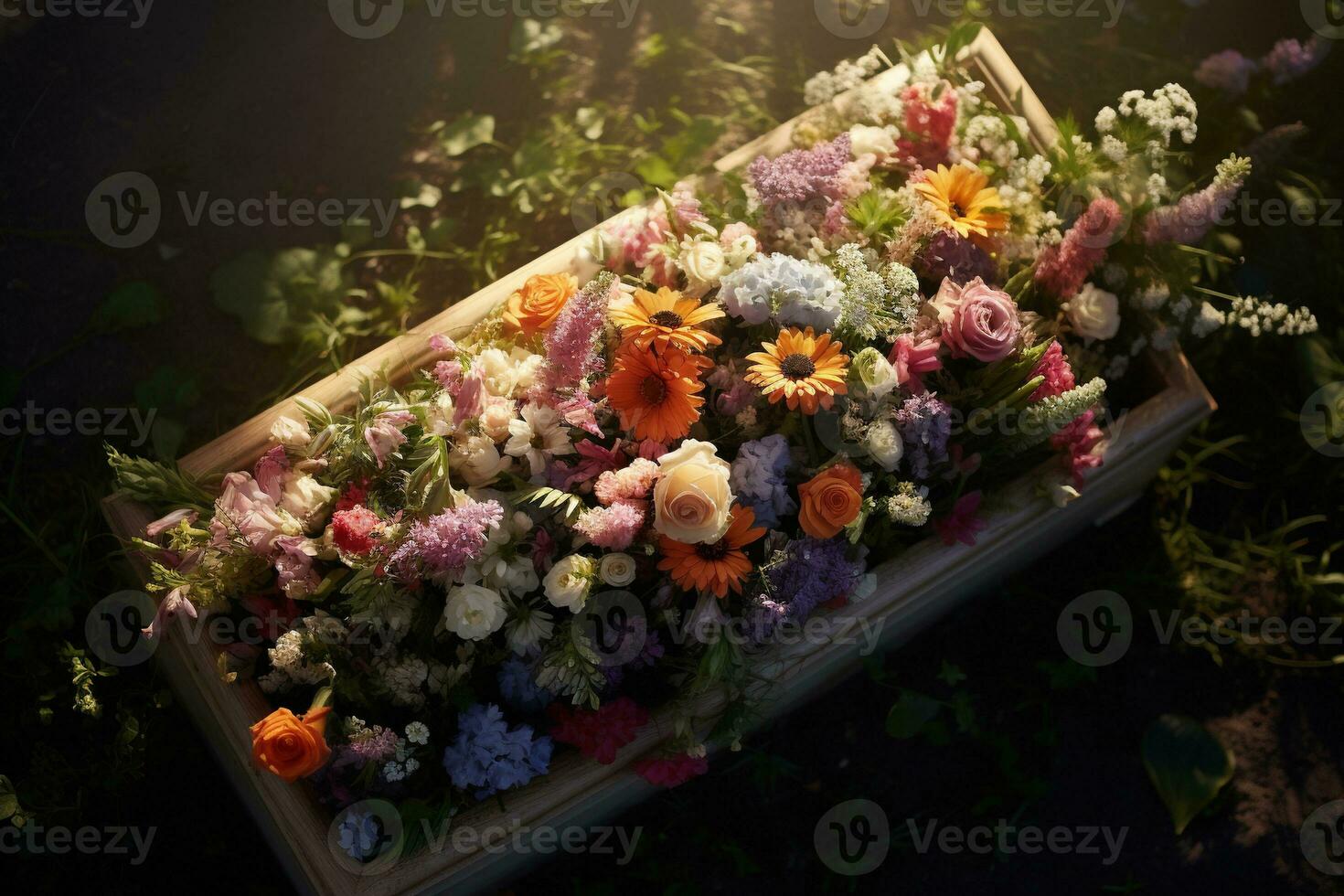 Colorful flowers on the grave in the cemetery, funeral concept. AI generated photo
