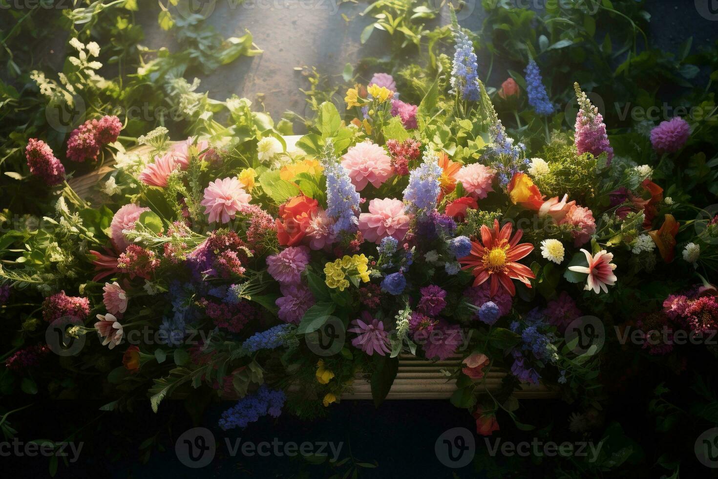 Colorful flowers on the grave in the cemetery, funeral concept. AI generated photo
