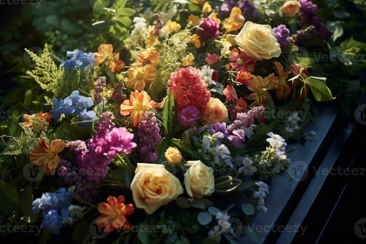 Colorful flowers on the grave in the cemetery, funeral concept. AI generated photo