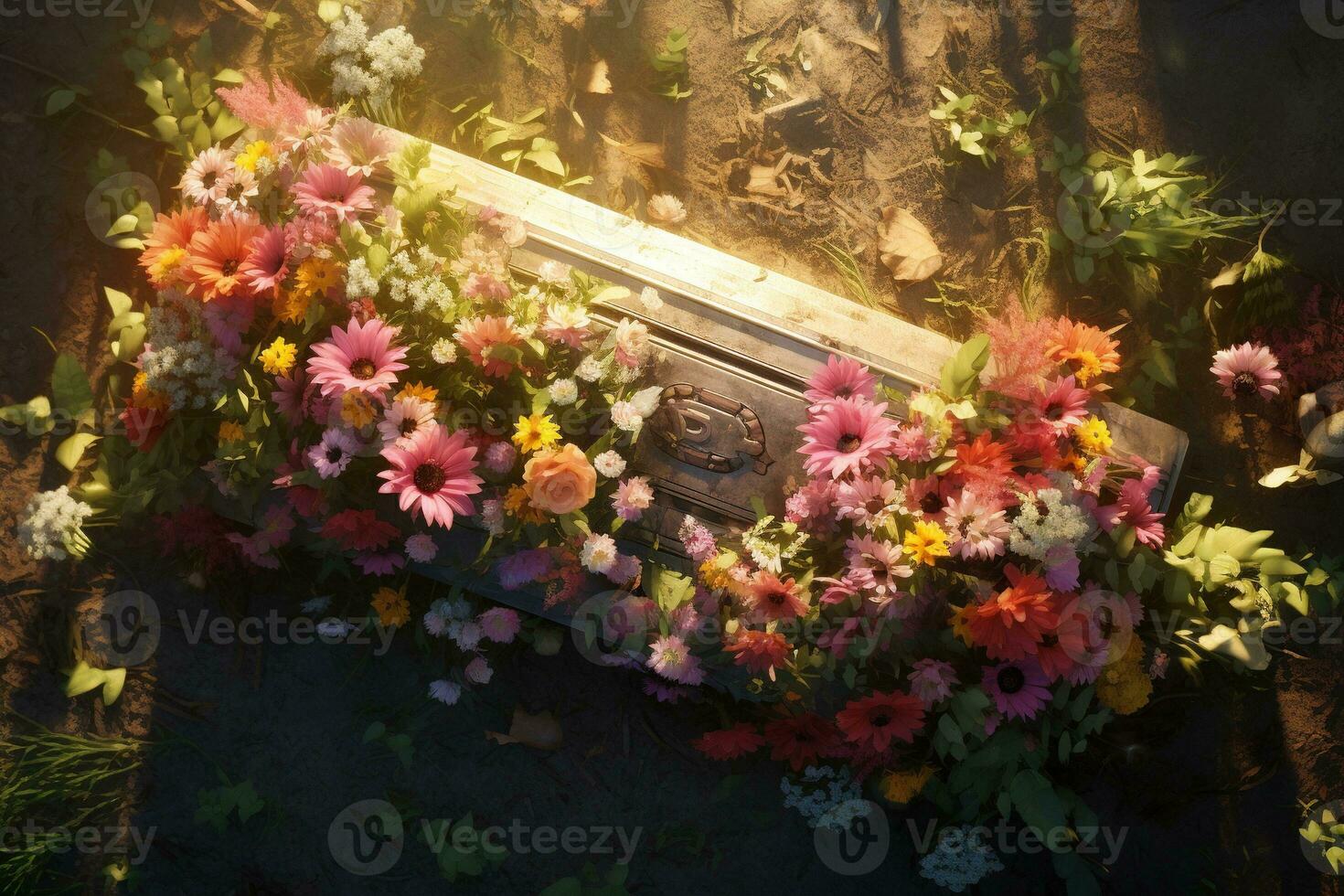 Colorful flowers on the grave in the cemetery, funeral concept. AI generated photo