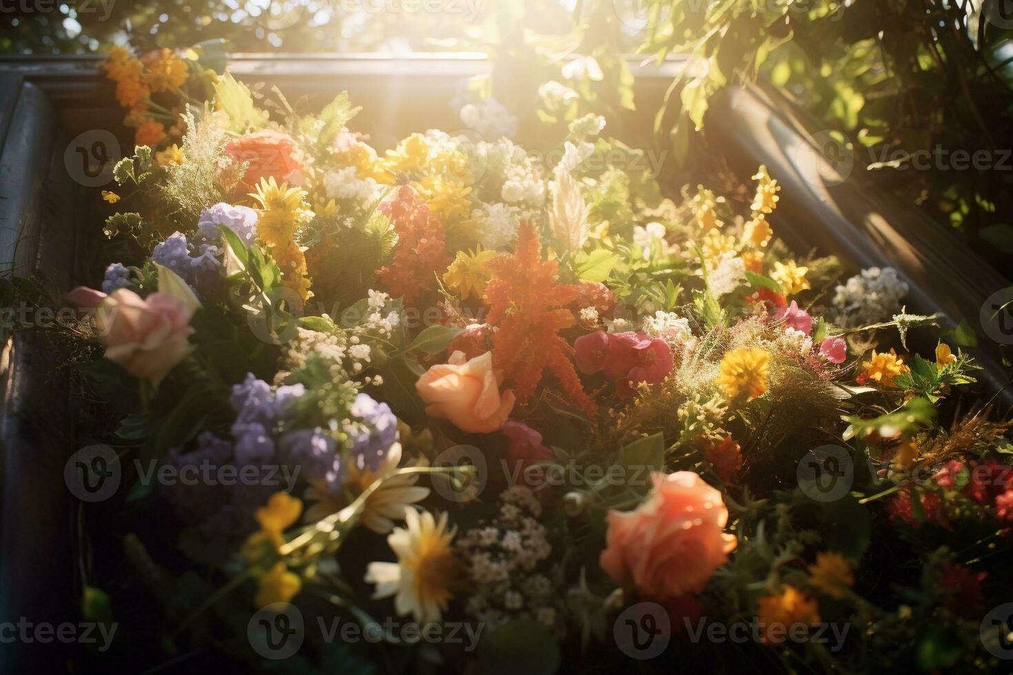 Colorful flowers on the grave in the cemetery, funeral concept. AI generated photo