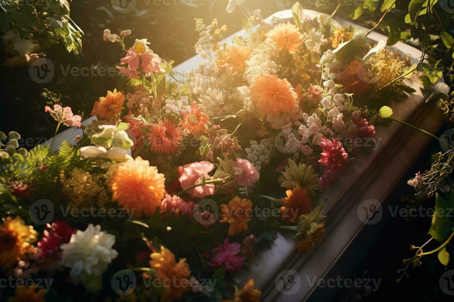 Colorful flowers on the grave in the cemetery, funeral concept. AI generated photo