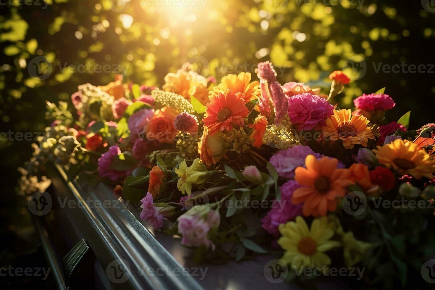 Colorful flowers on the grave in the cemetery, funeral concept. AI generated photo