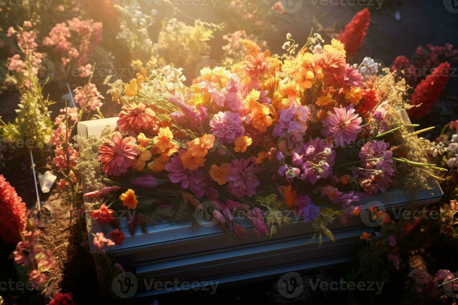 Colorful flowers on the grave in the cemetery, funeral concept. AI generated photo