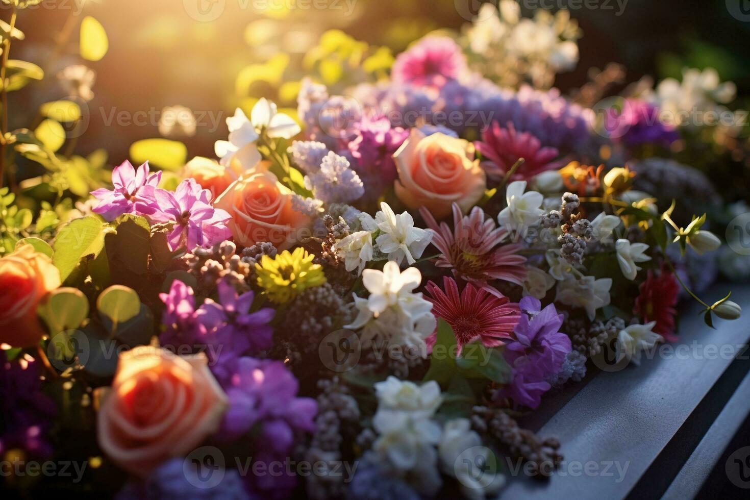 Colorful flowers on the grave in the cemetery, funeral concept. AI generated photo