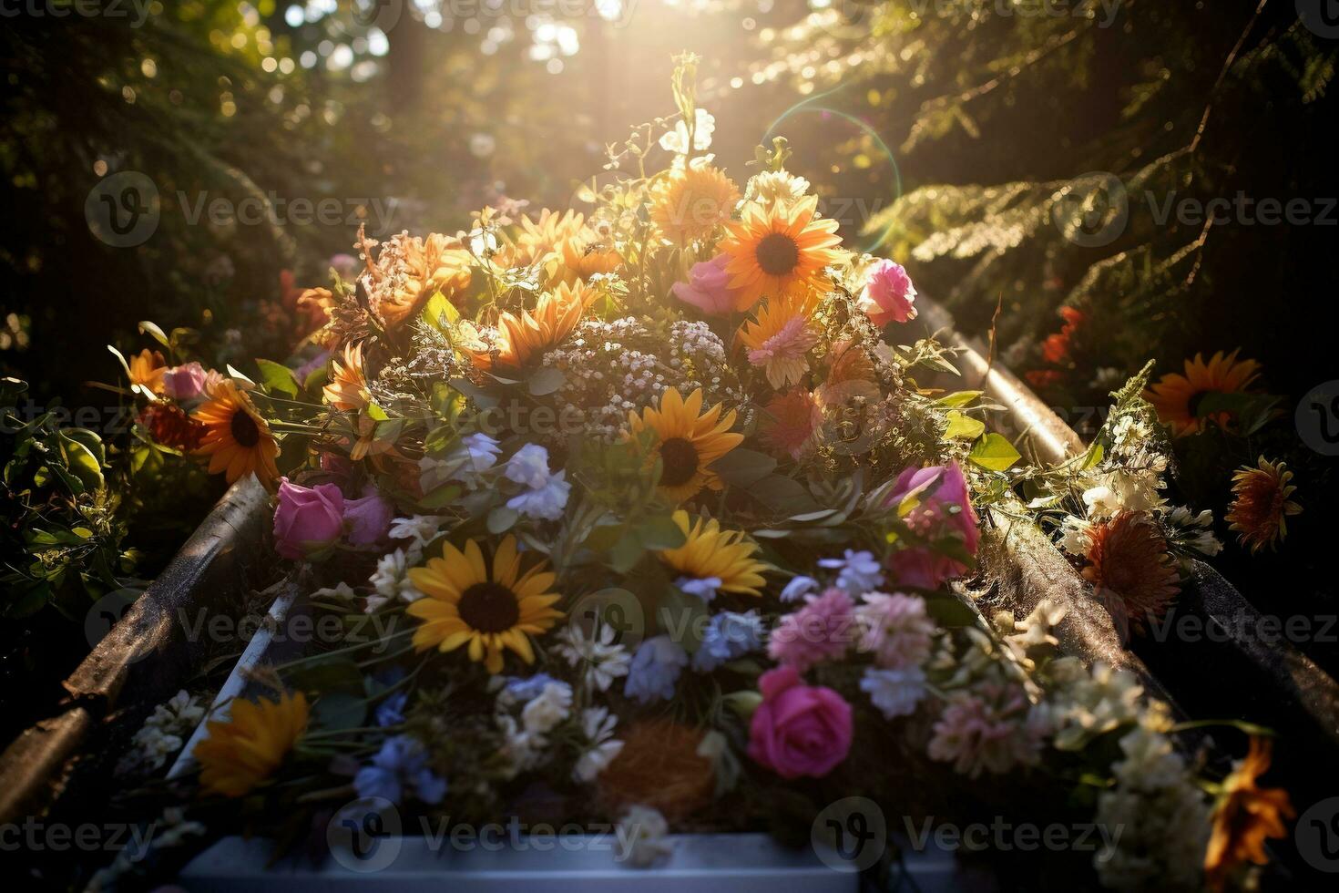 Colorful flowers on the grave in the cemetery, funeral concept. AI generated photo