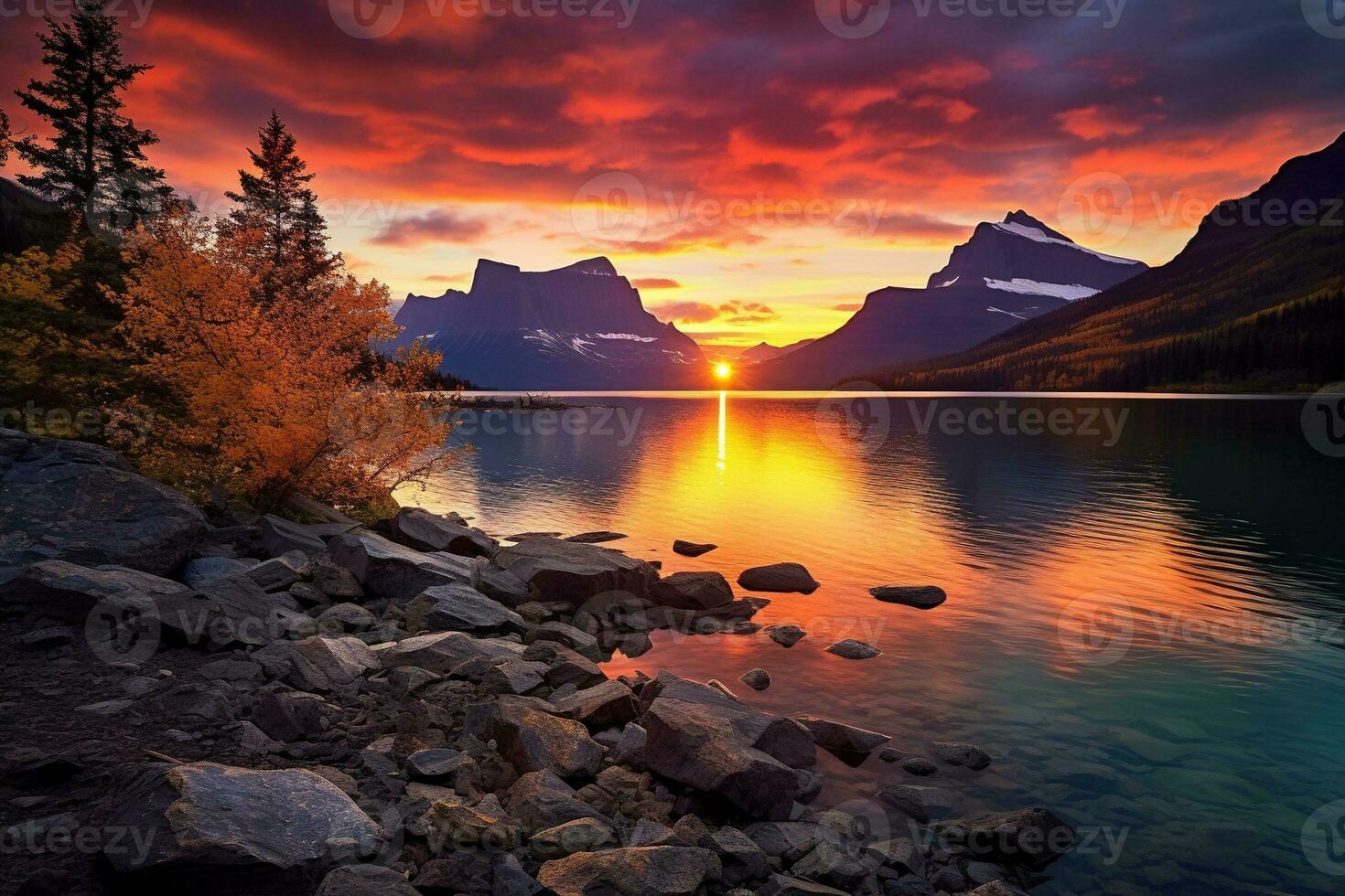 majestuoso puesta de sol en glaciar nacional parque, Montana, EE.UU. ai generado foto