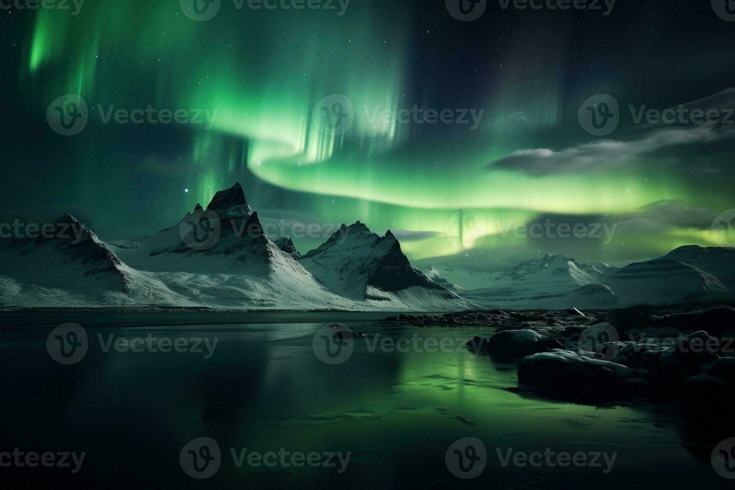 Aurora borealis in Iceland with snow covered mountains and reflection AI generated photo