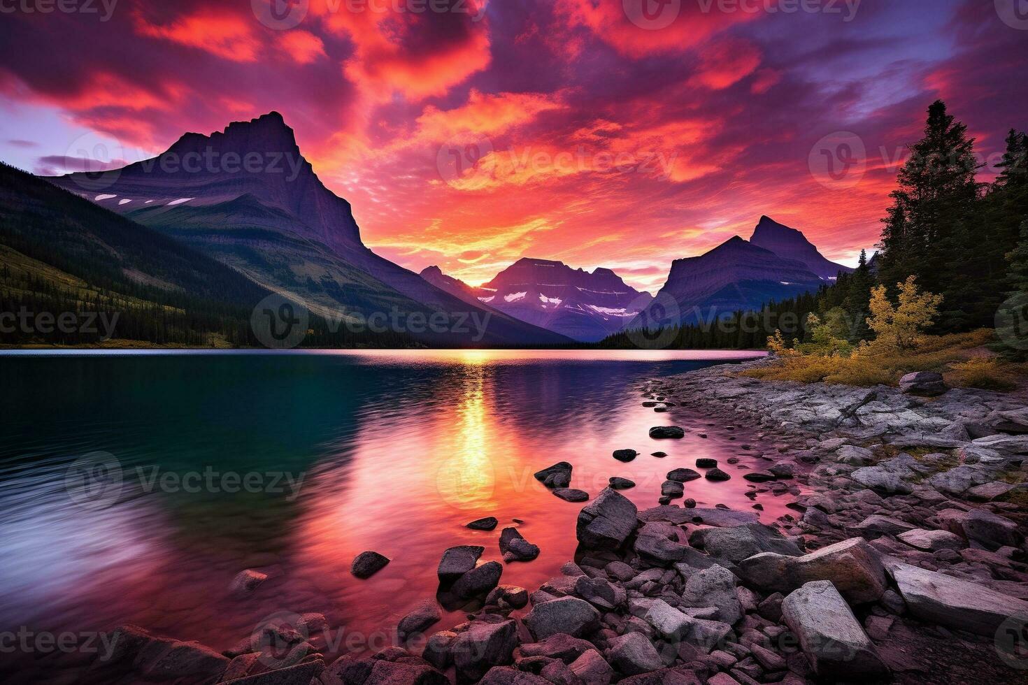 majestuoso puesta de sol en glaciar nacional parque, Montana, EE.UU. ai generado foto