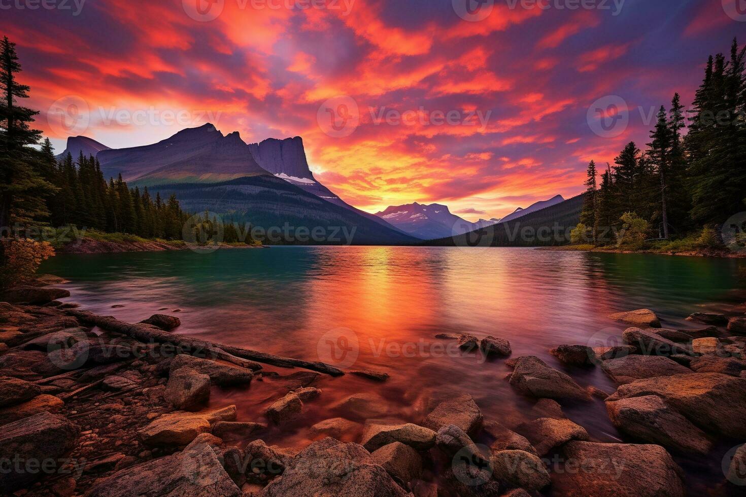 Majestic sunset in Glacier National Park, Montana, USA. AI generated photo
