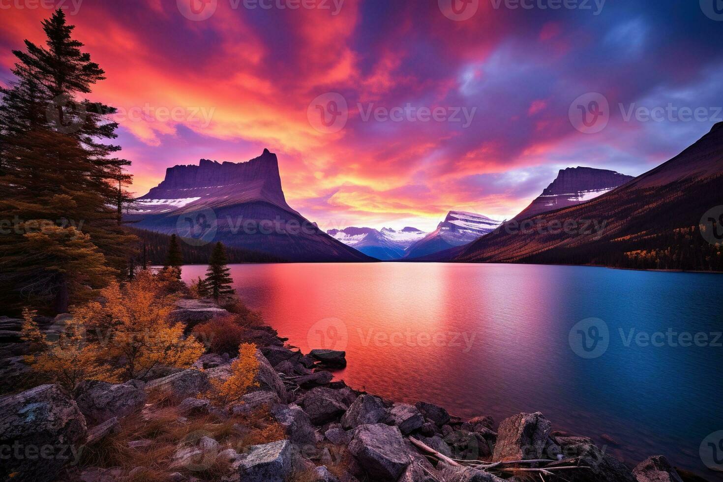 Majestic sunset in Glacier National Park, Montana, USA. AI generated photo