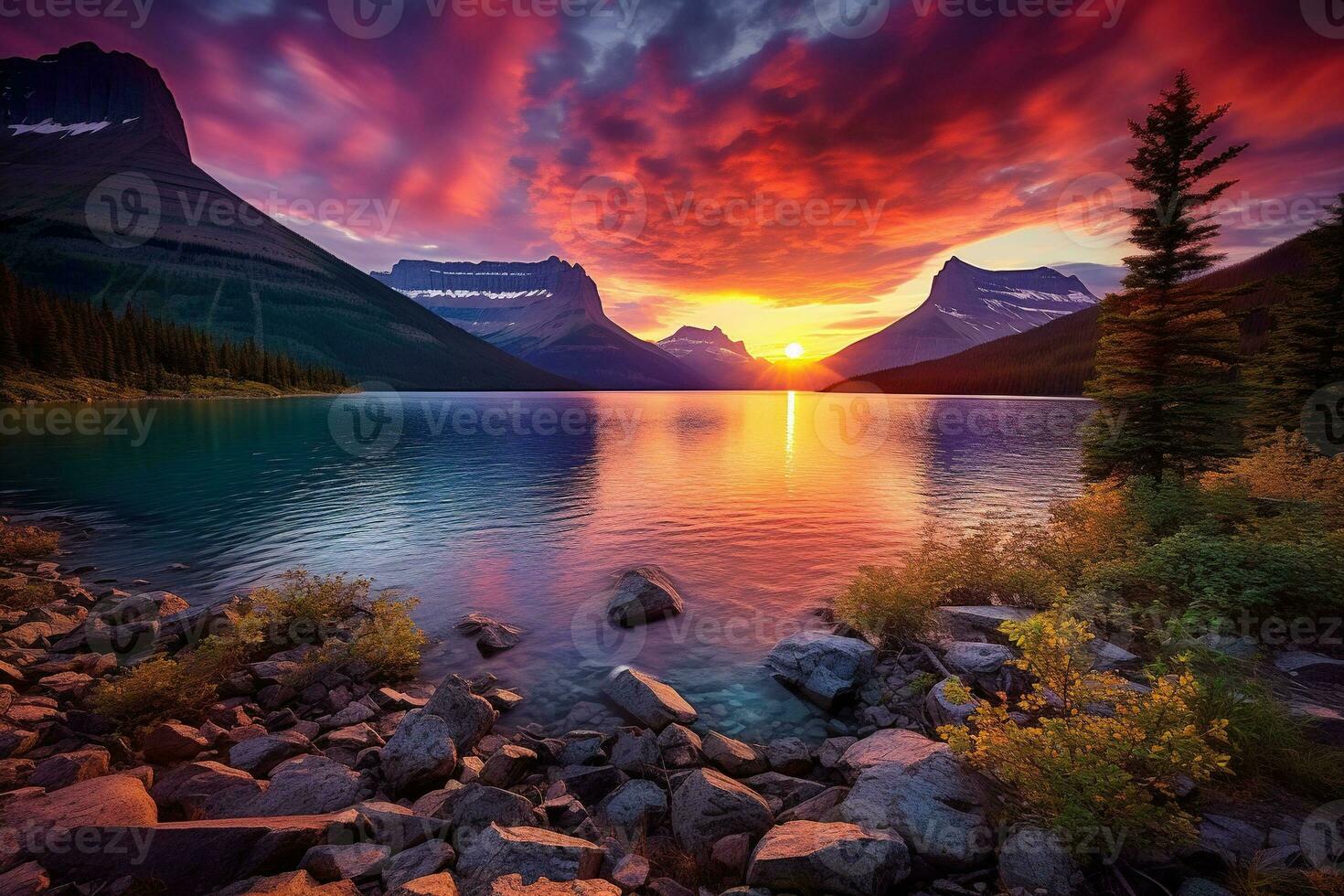 Majestic sunset in Glacier National Park, Montana, USA. AI generated photo