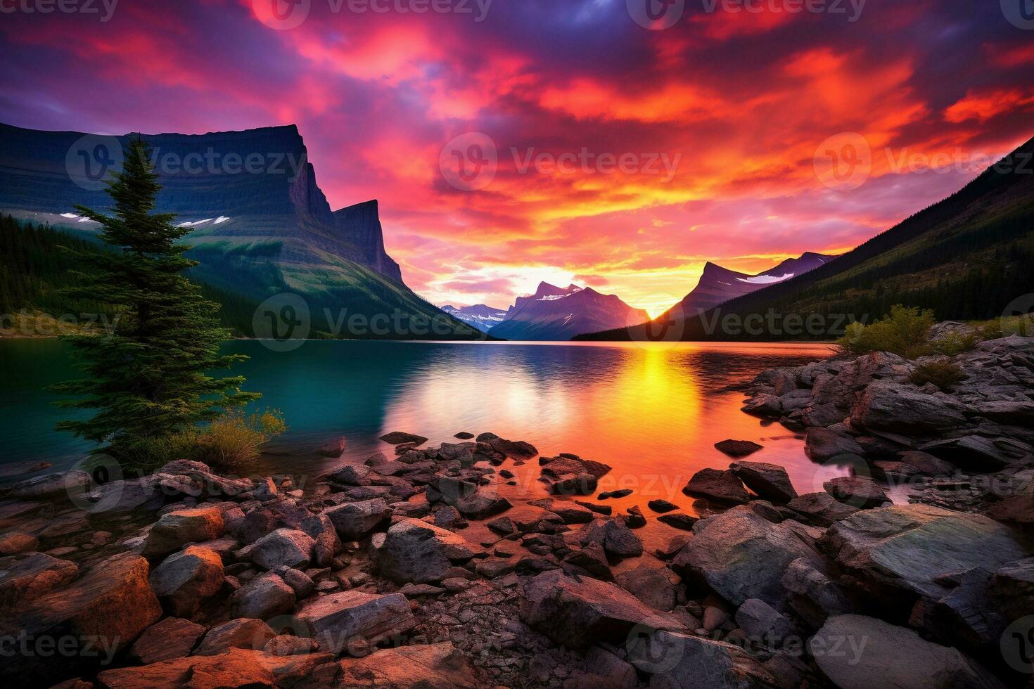 Majestic sunset in Glacier National Park, Montana, USA. AI generated photo