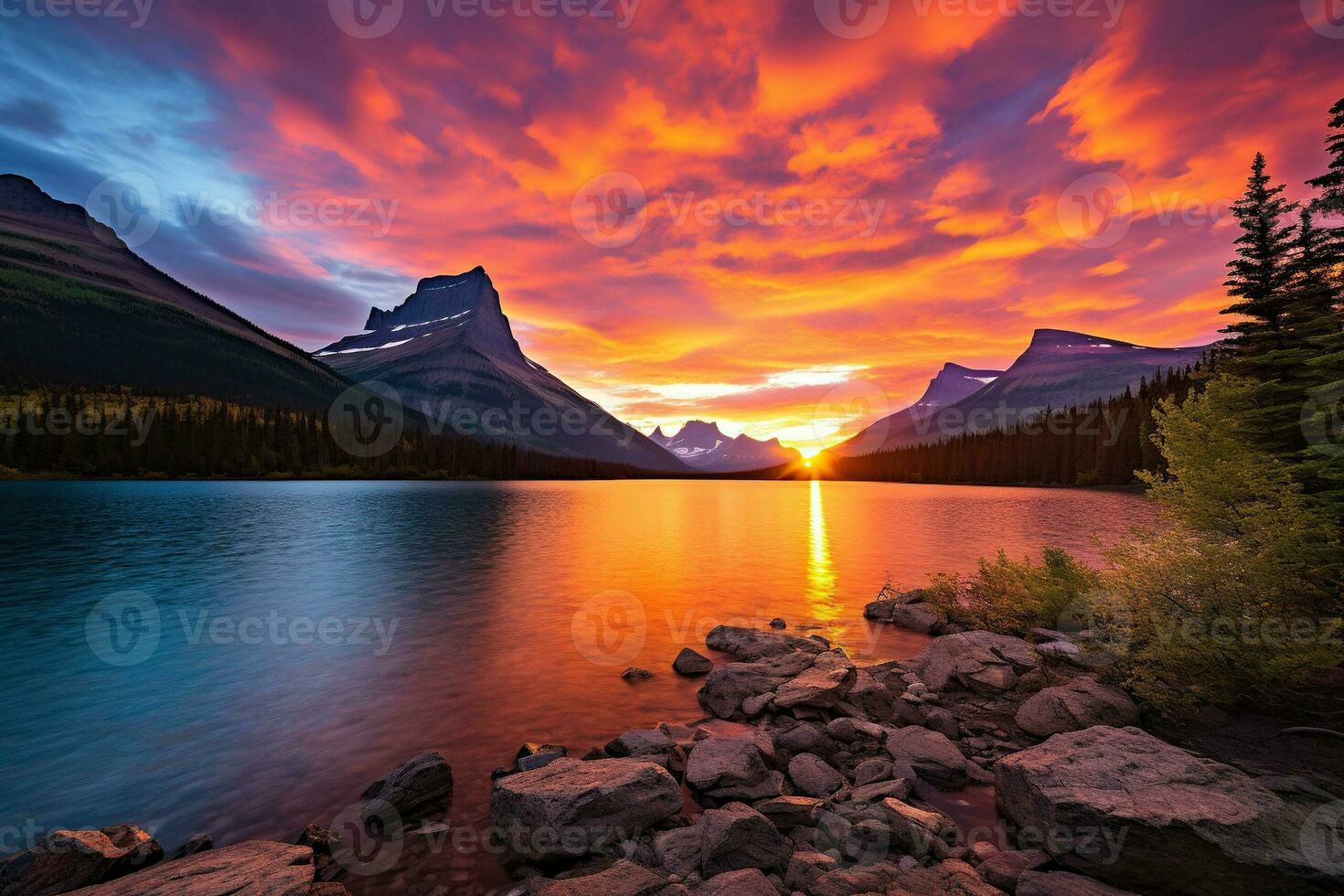 puesta de sol terminado glaciar nacional parque, Montana, unido estados de America ai generado foto