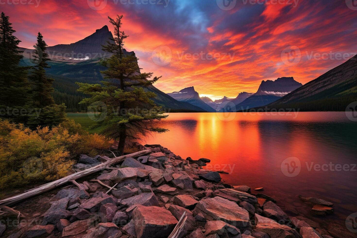 puesta de sol terminado glaciar nacional parque, Montana, unido estados de America ai generado foto