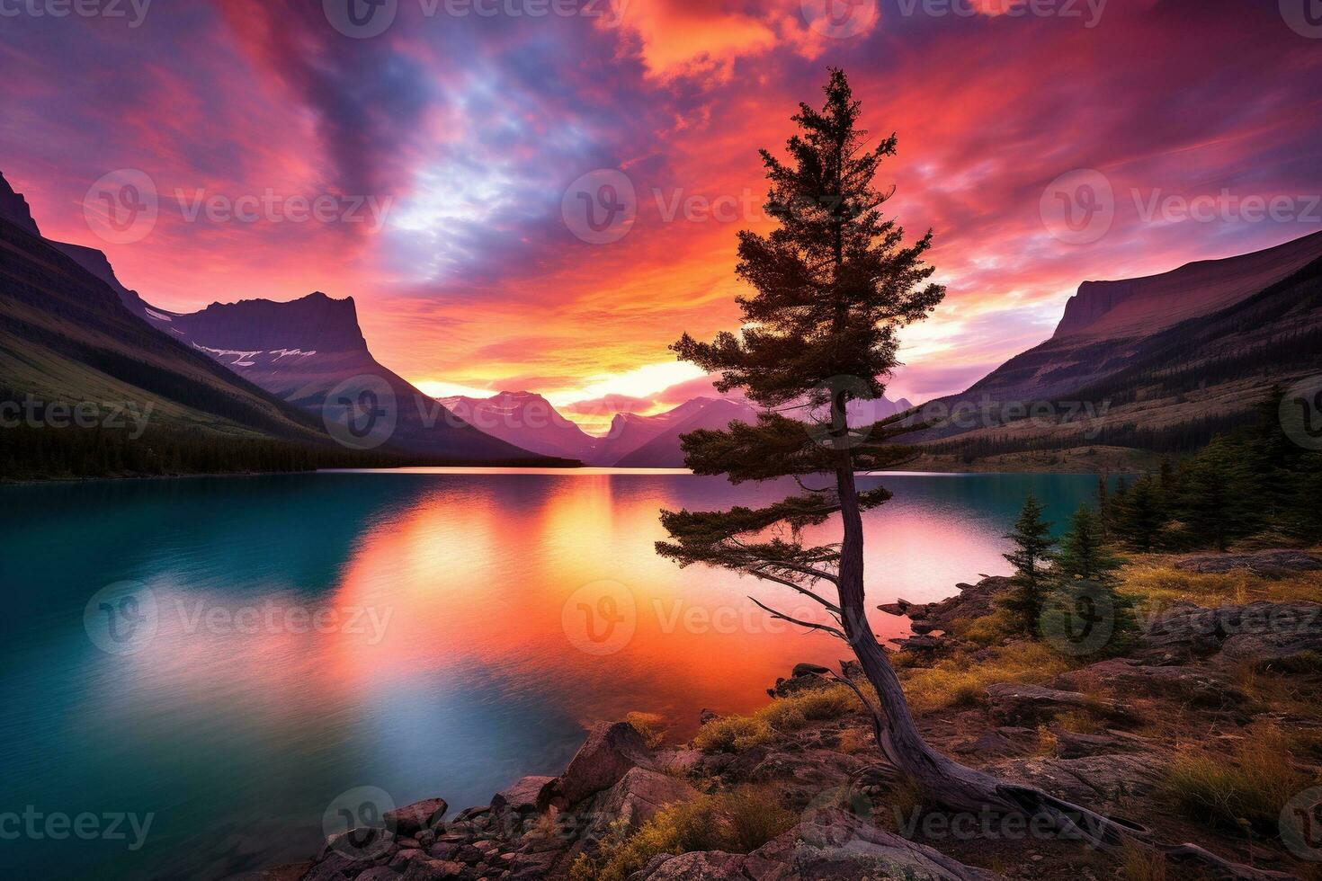 puesta de sol terminado glaciar nacional parque, Montana, unido estados de America ai generado foto