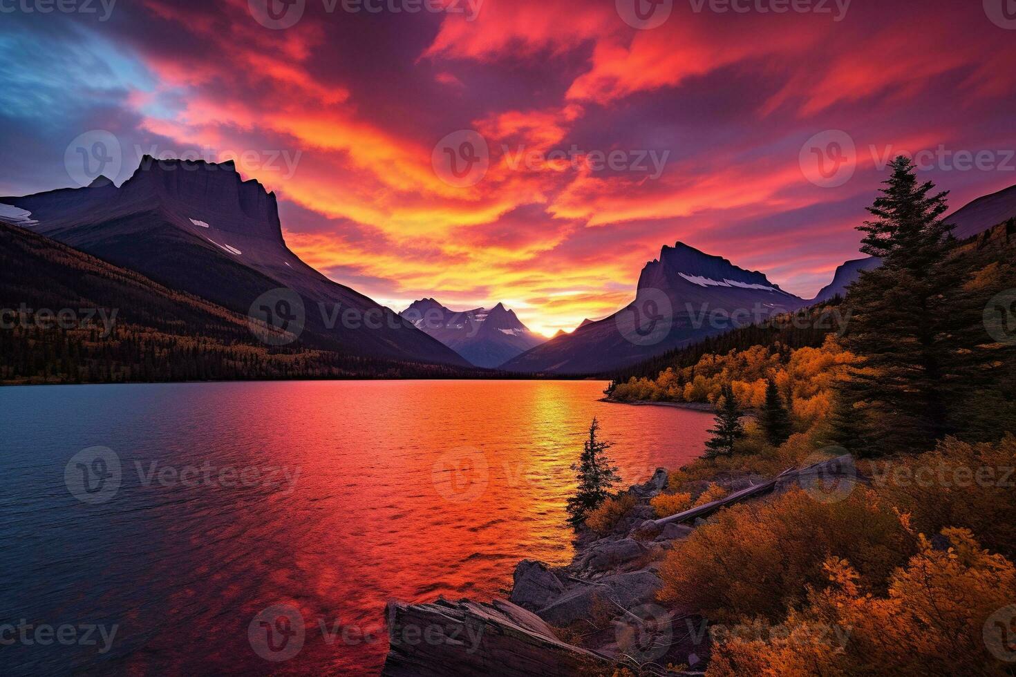 puesta de sol terminado glaciar nacional parque, Montana, unido estados de America ai generado foto