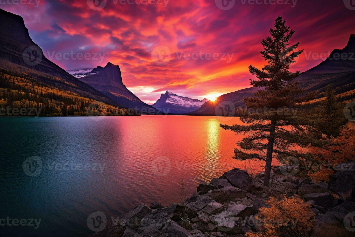 Majestic sunset in Glacier National Park, Montana, USA. AI generated photo