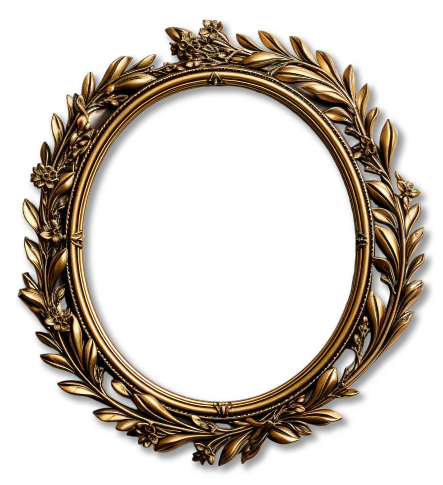 Round shaped antique gold frame decoration with elegant carved decoration, isolated on transparent background, generative ai png