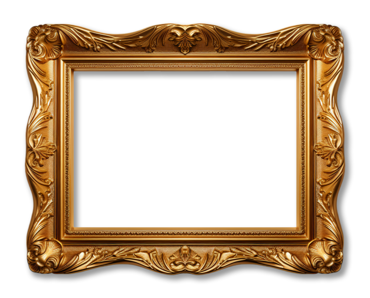 Antique gold frame decoration square shape with elegant carved decoration, isolated on transparent background, generative ai png