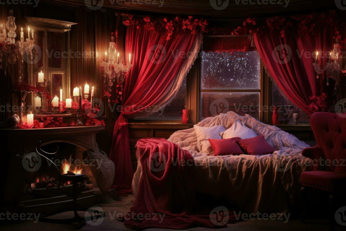 Romantic room interior with pink curtains and red hearts. Valentine's day concept. AI generated photo