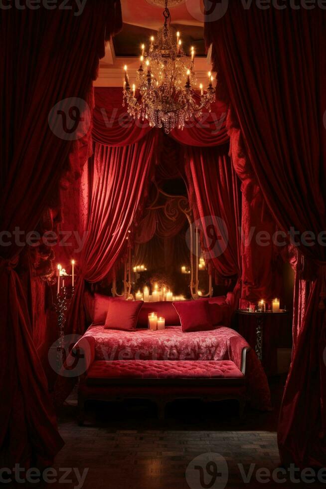 Romantic room interior with pink curtains and red hearts. Valentine's day concept. AI generated photo