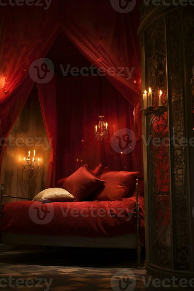 Romantic room interior with pink curtains and red hearts. Valentine's day concept. AI generated photo