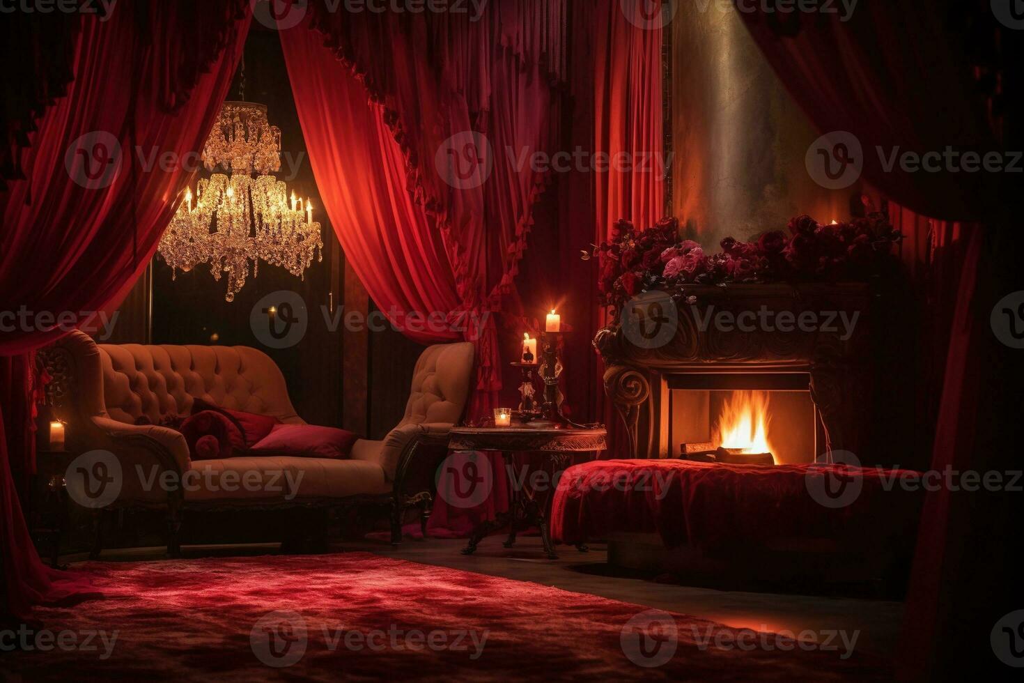 Romantic room interior with pink curtains and red hearts. Valentine's day concept. AI generated photo