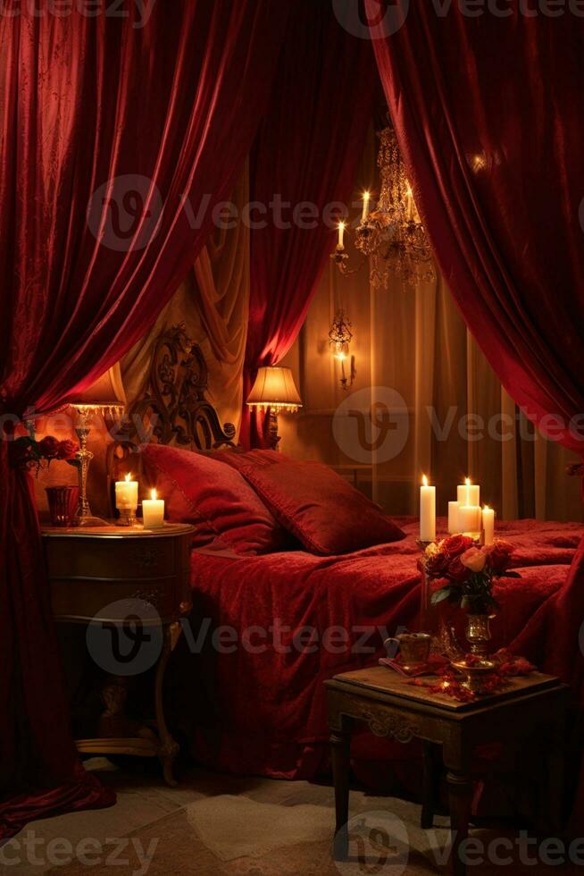 Romantic room interior with pink curtains and red hearts. Valentine's day concept. AI generated photo