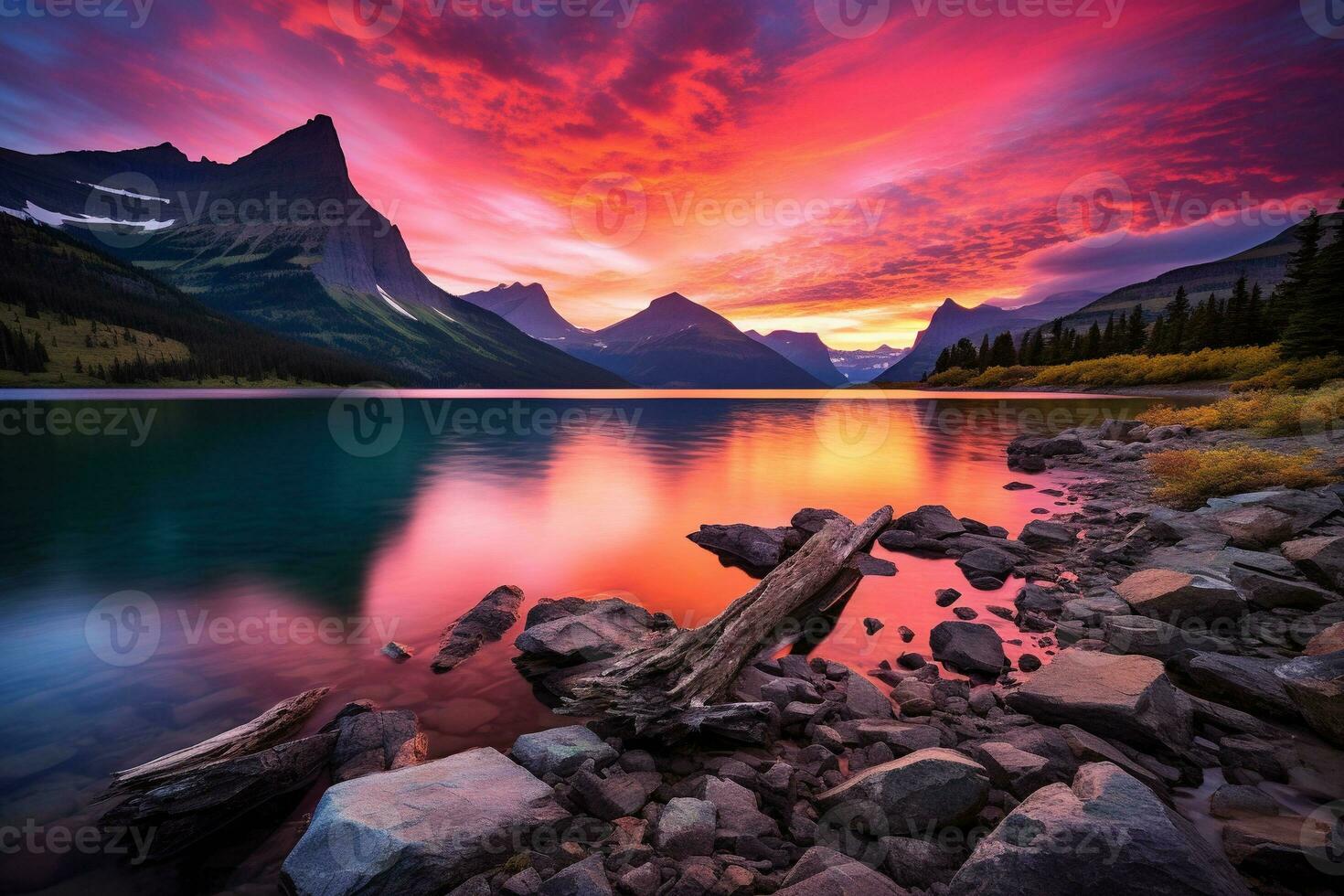 majestuoso puesta de sol en glaciar nacional parque, Montana, EE.UU. ai generado foto