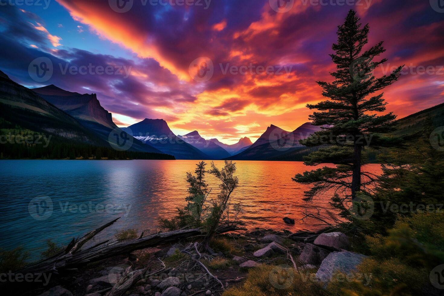 majestuoso puesta de sol en glaciar nacional parque, Montana, EE.UU. ai generado foto