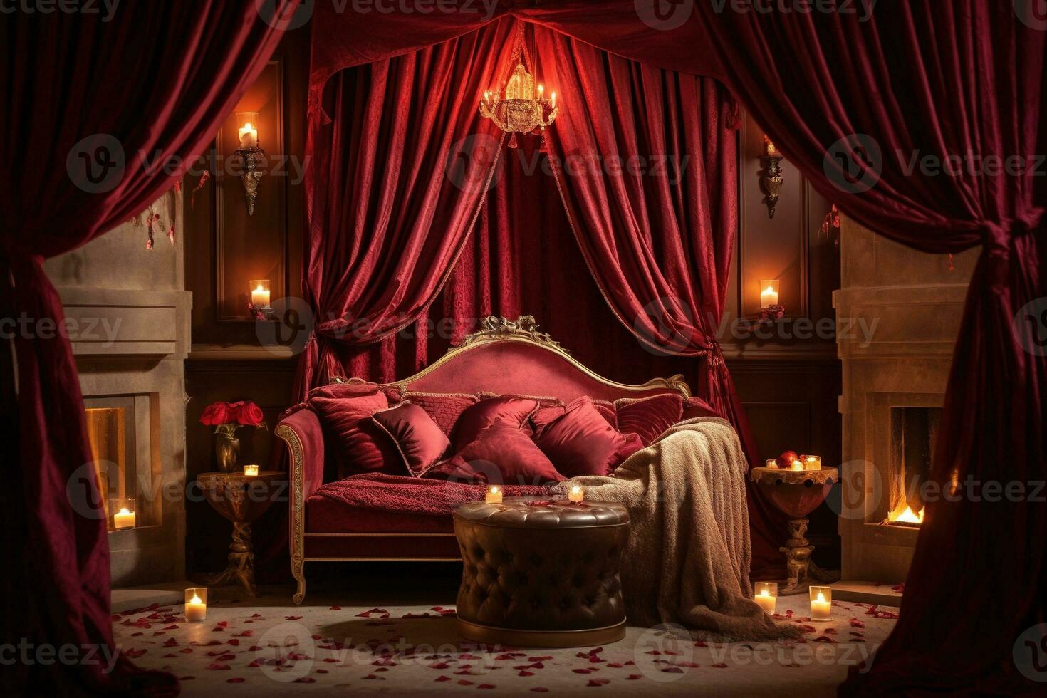 Romantic room interior with pink curtains and red hearts. Valentine's day concept. AI generated photo