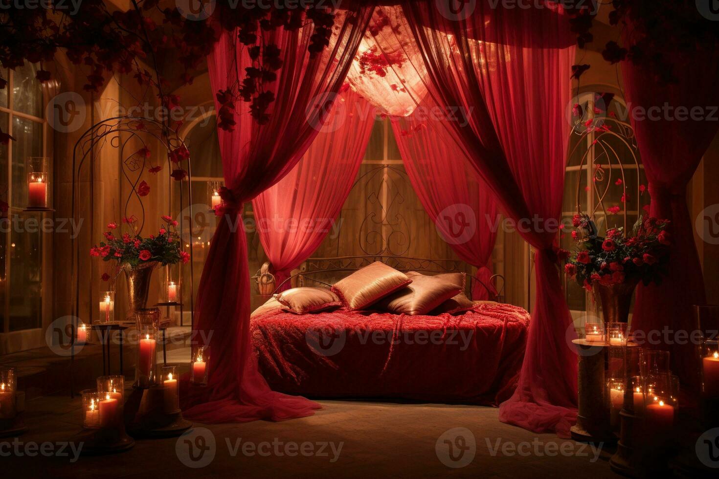 Romantic room interior with pink curtains and red hearts. Valentine's day concept. AI generated photo