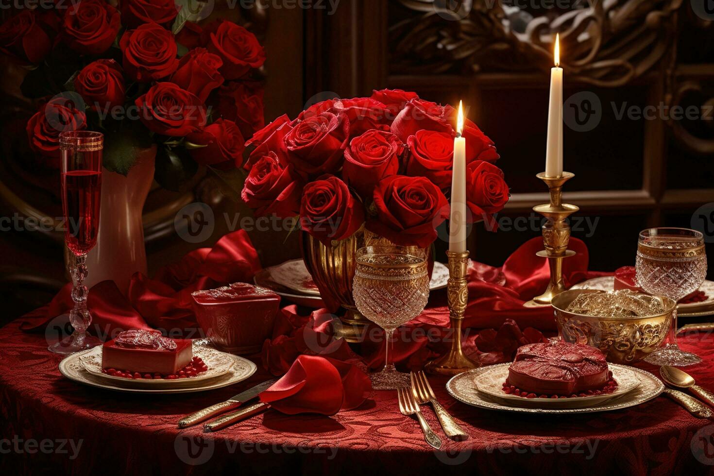 Romantic table setting with red roses, candles and glasses of wine.valentine concept AI generated photo