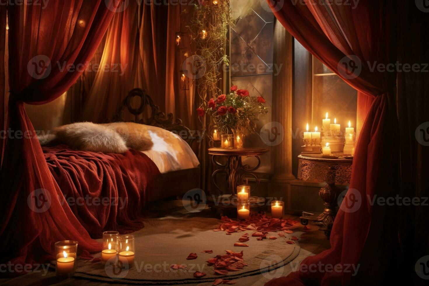 romántico habitación interior con rosado cortinas y rojo corazones. San Valentín día concepto. ai generado foto