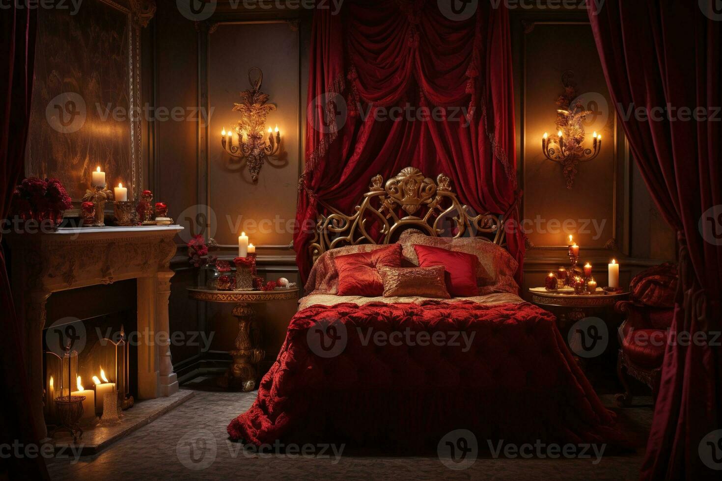 Romantic room interior with pink curtains and red hearts. Valentine's day concept. AI generated photo