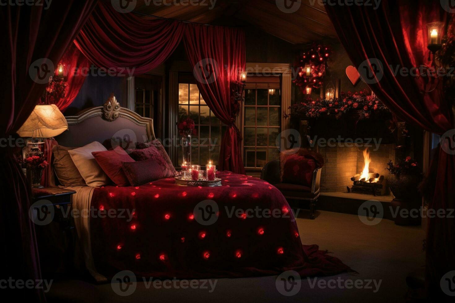 Romantic room interior with pink curtains and red hearts. Valentine's day concept. AI generated photo