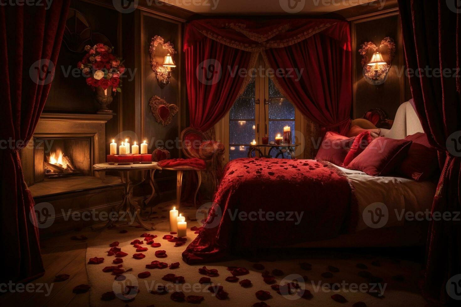 Romantic room interior with pink curtains and red hearts. Valentine's day concept. AI generated photo