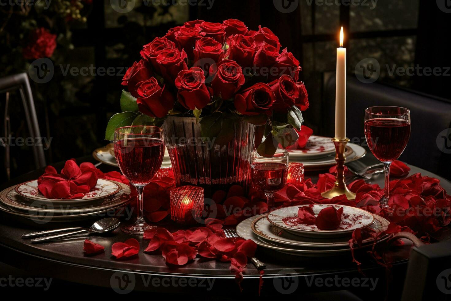 Romantic table setting with red roses, candles and glasses of wine.valentine concept AI generated photo