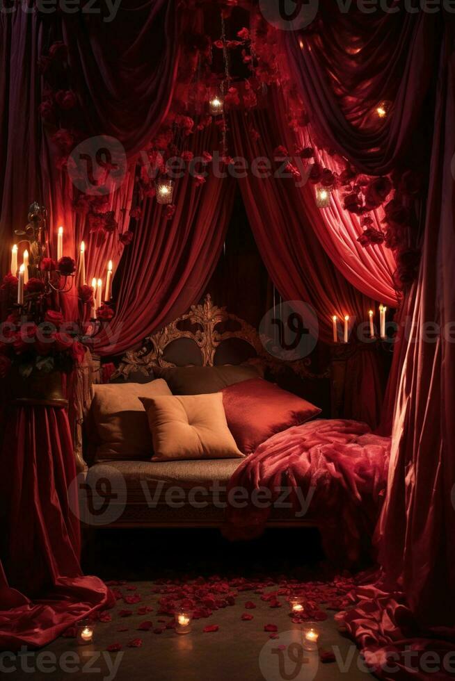 Romantic room interior with pink curtains and red hearts. Valentine's day concept. AI generated photo