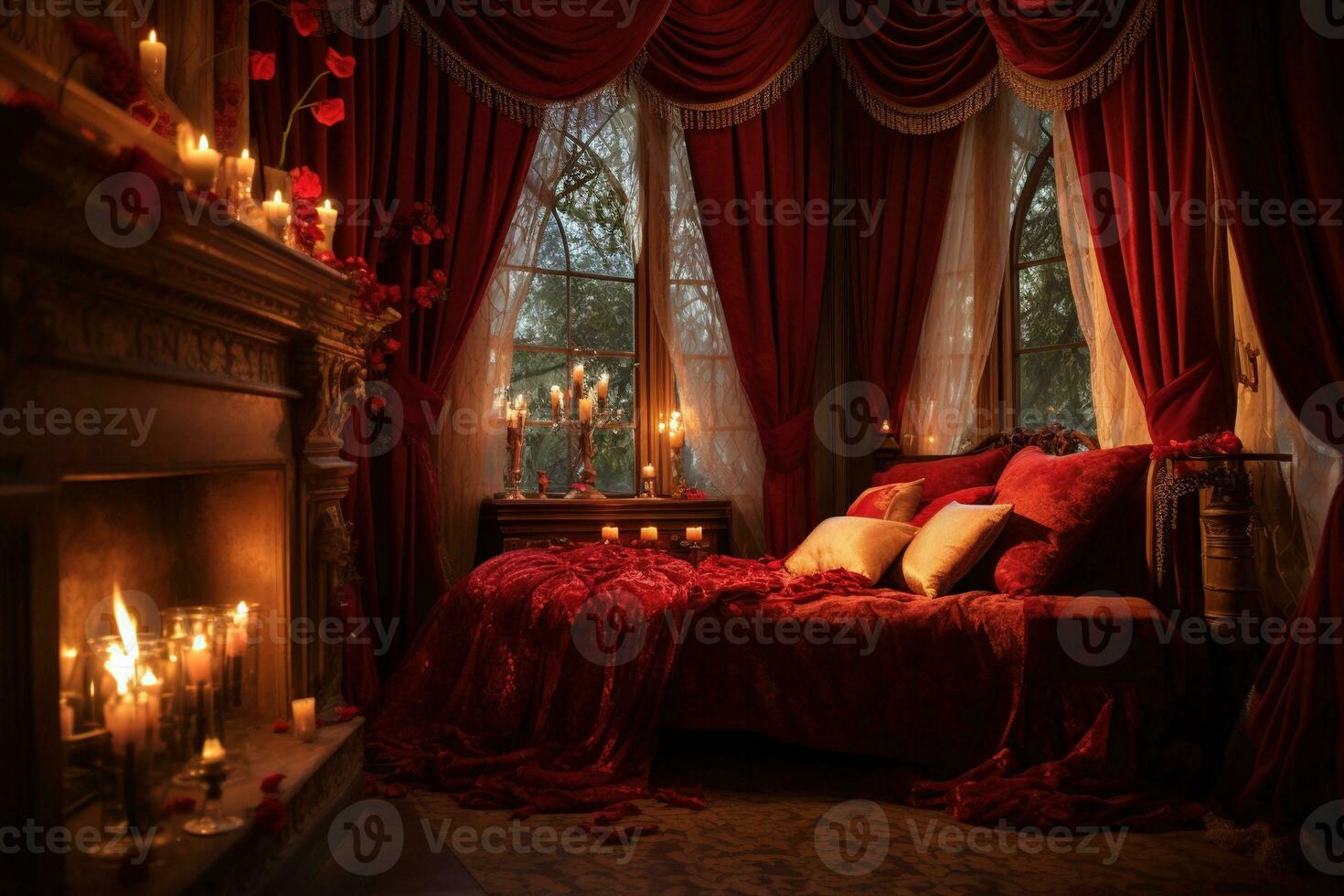 Romantic room interior with pink curtains and red hearts. Valentine's day concept. AI generated photo