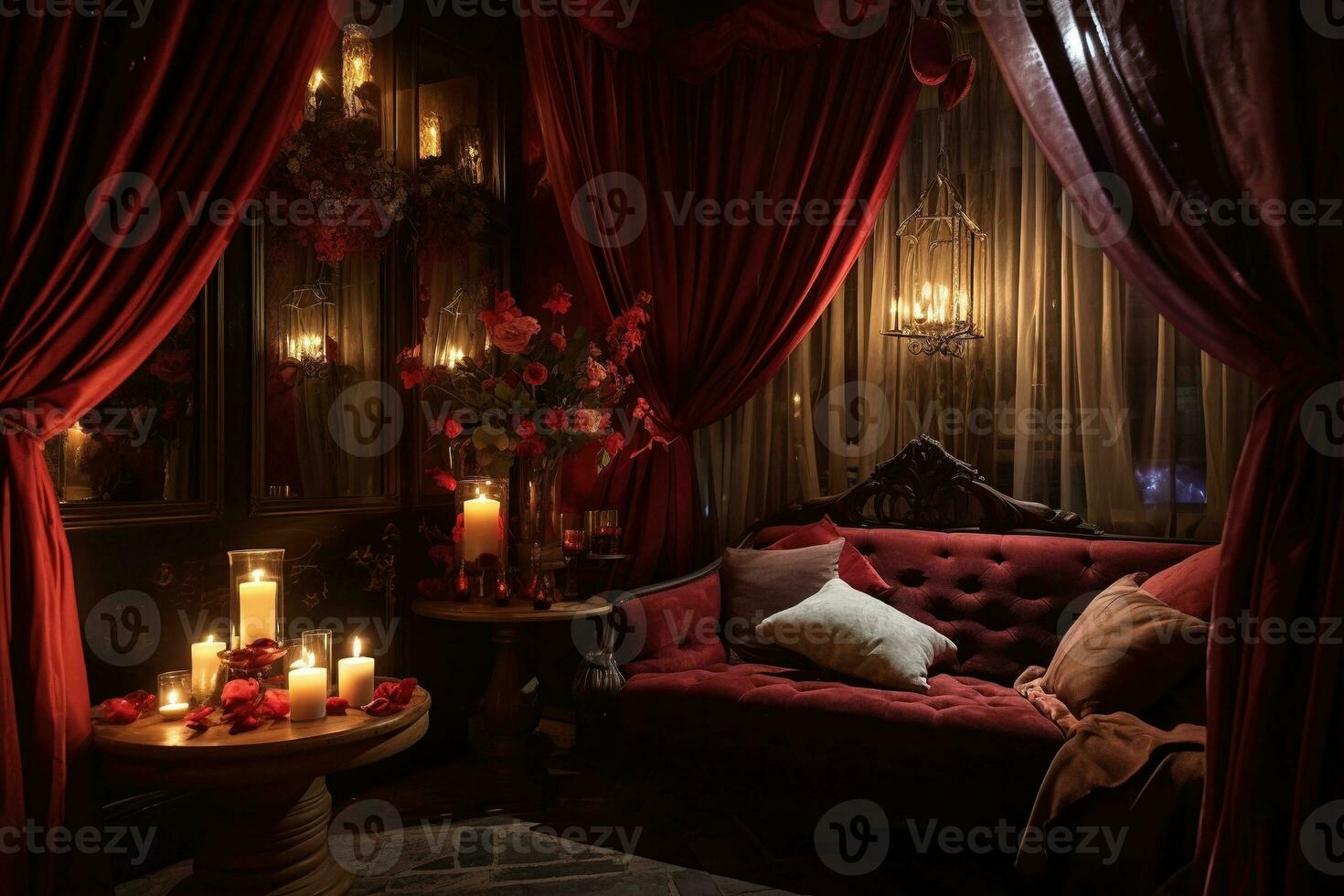 Romantic room interior with pink curtains and red hearts. Valentine's day concept. AI generated photo