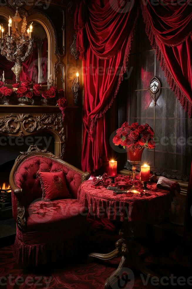 Romantic room interior with pink curtains and red hearts. Valentine's day concept. AI generated photo