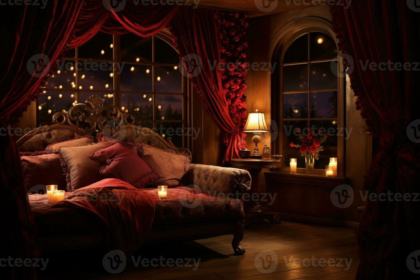 Romantic room interior with pink curtains and red hearts. Valentine's day concept. AI generated photo