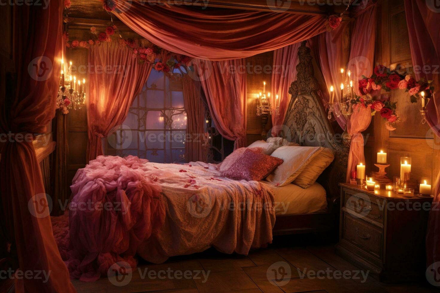 Romantic room interior with pink curtains and red hearts. Valentine's day concept. AI generated photo