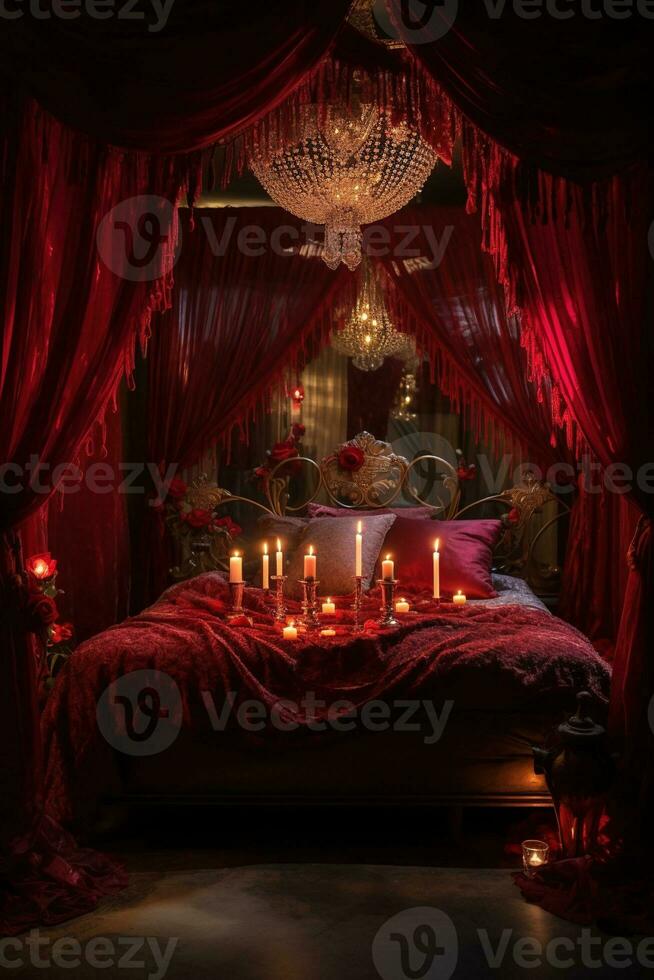 Romantic room interior with pink curtains and red hearts. Valentine's day concept. AI generated photo