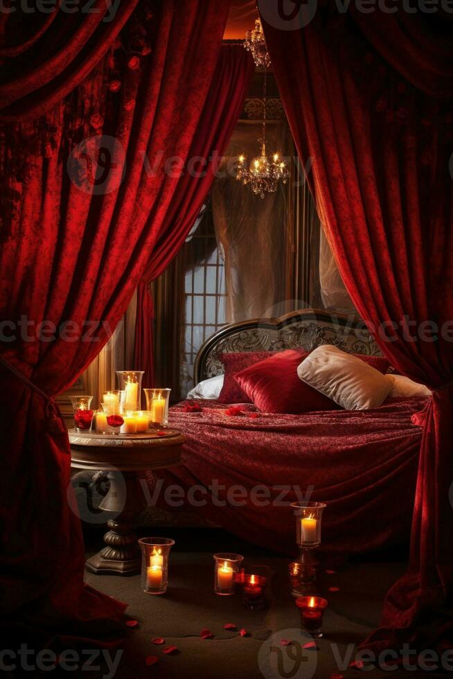 Romantic room interior with pink curtains and red hearts. Valentine's day concept. AI generated photo