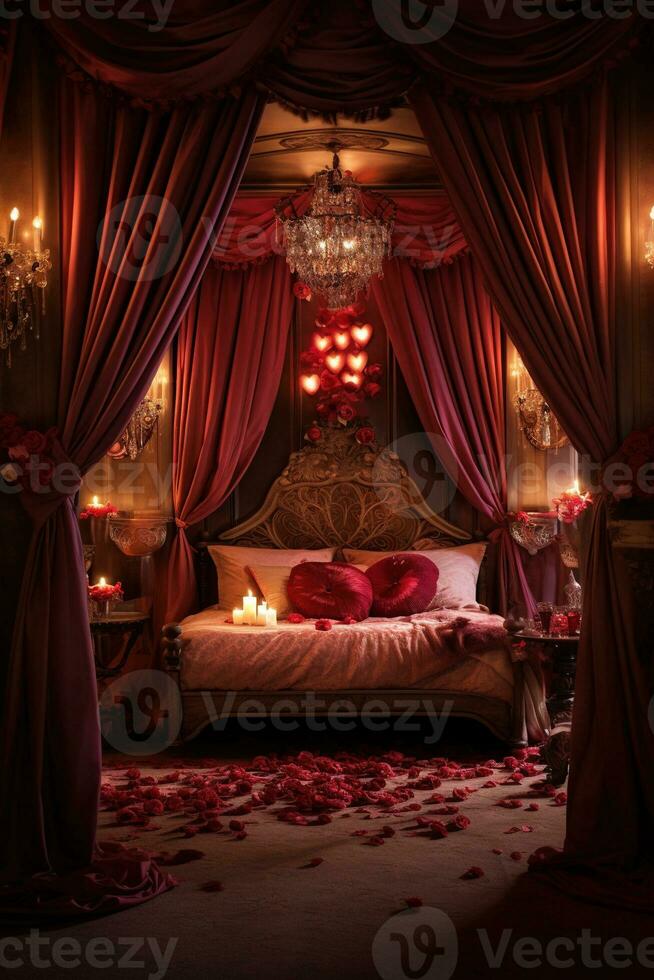 Romantic room interior with pink curtains and red hearts. Valentine's day concept. AI generated photo